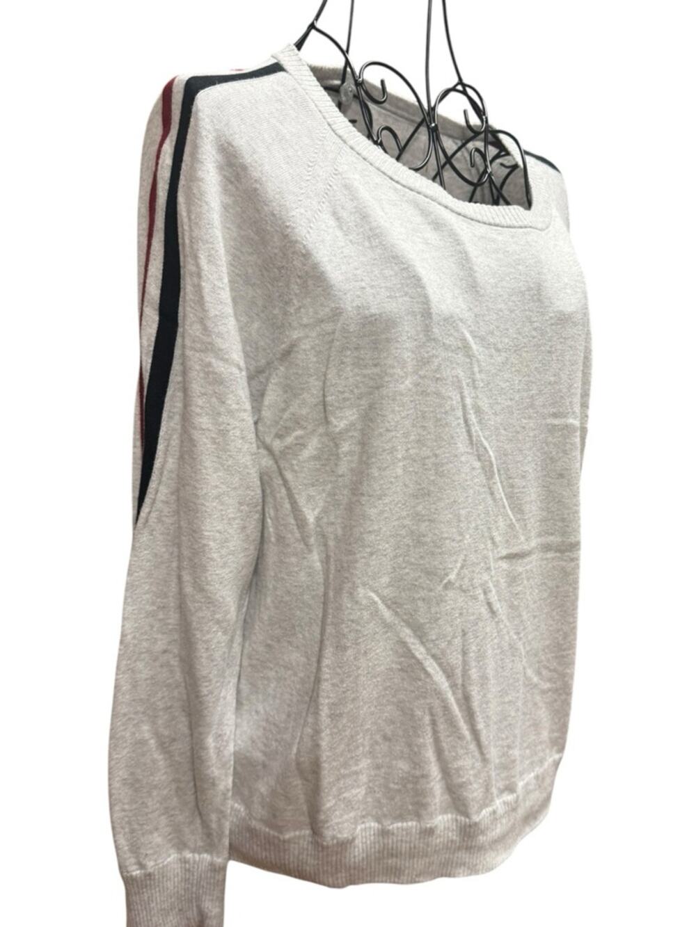Margaret O’Leary Light Gray Pullover Sweater Contrast Sleeve Stripes Medium